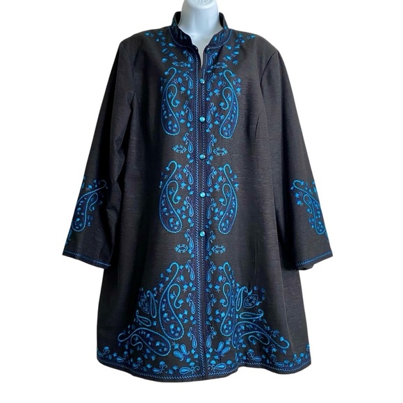 Silk Land Woman Black Silk Longline Blazer Jacket Size 1X Embroidered Tunic - Picture 1 of 15